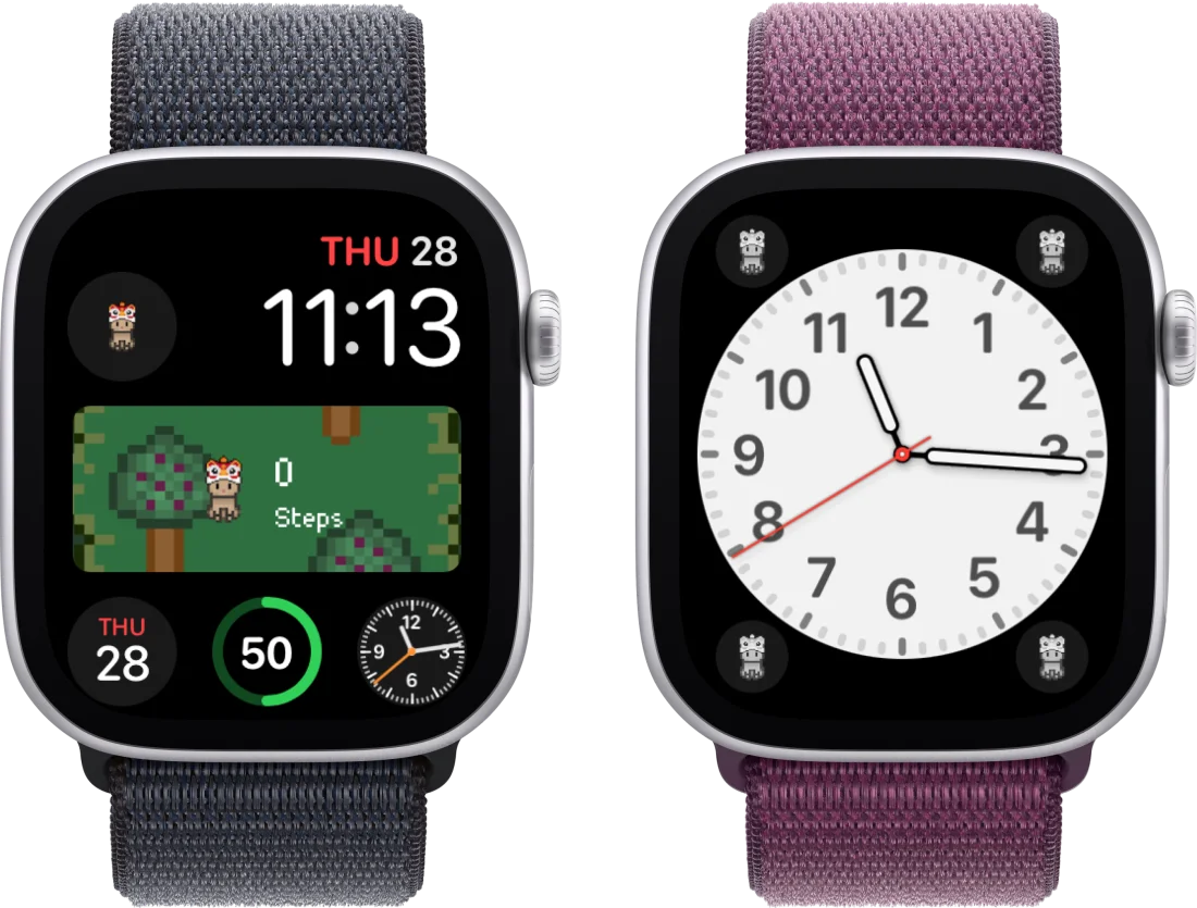 Apple Watch complications featuring Belly pixel pet in rectangle, corner, and circle shapes