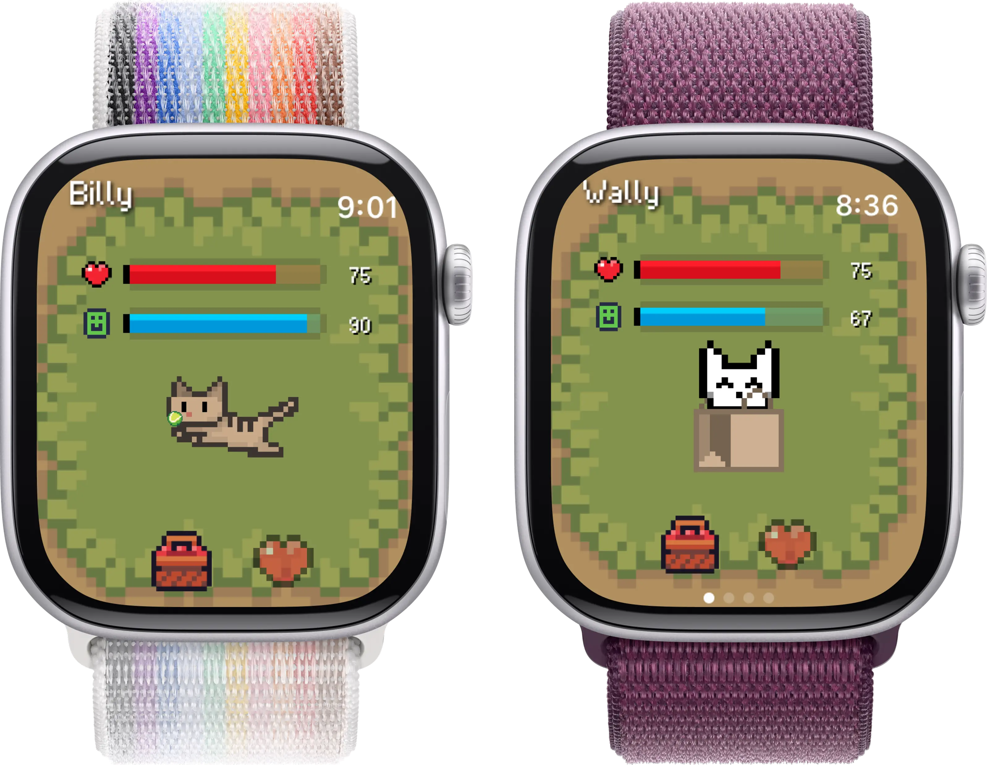 Belly pet customization showing adorable pixel art accessories and backgrounds