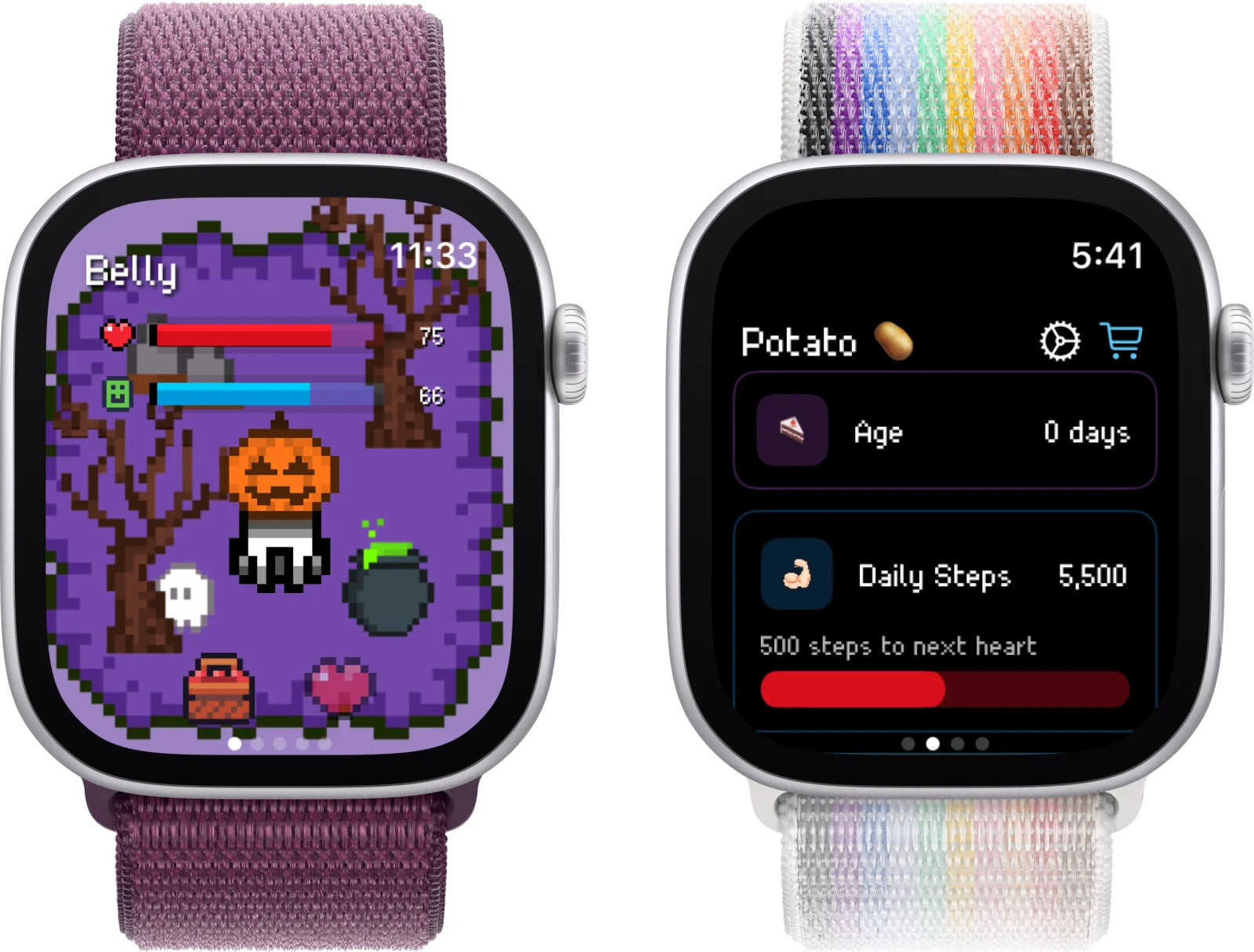 Apple Watches showing Belly step tracking and pet feeding gameplay