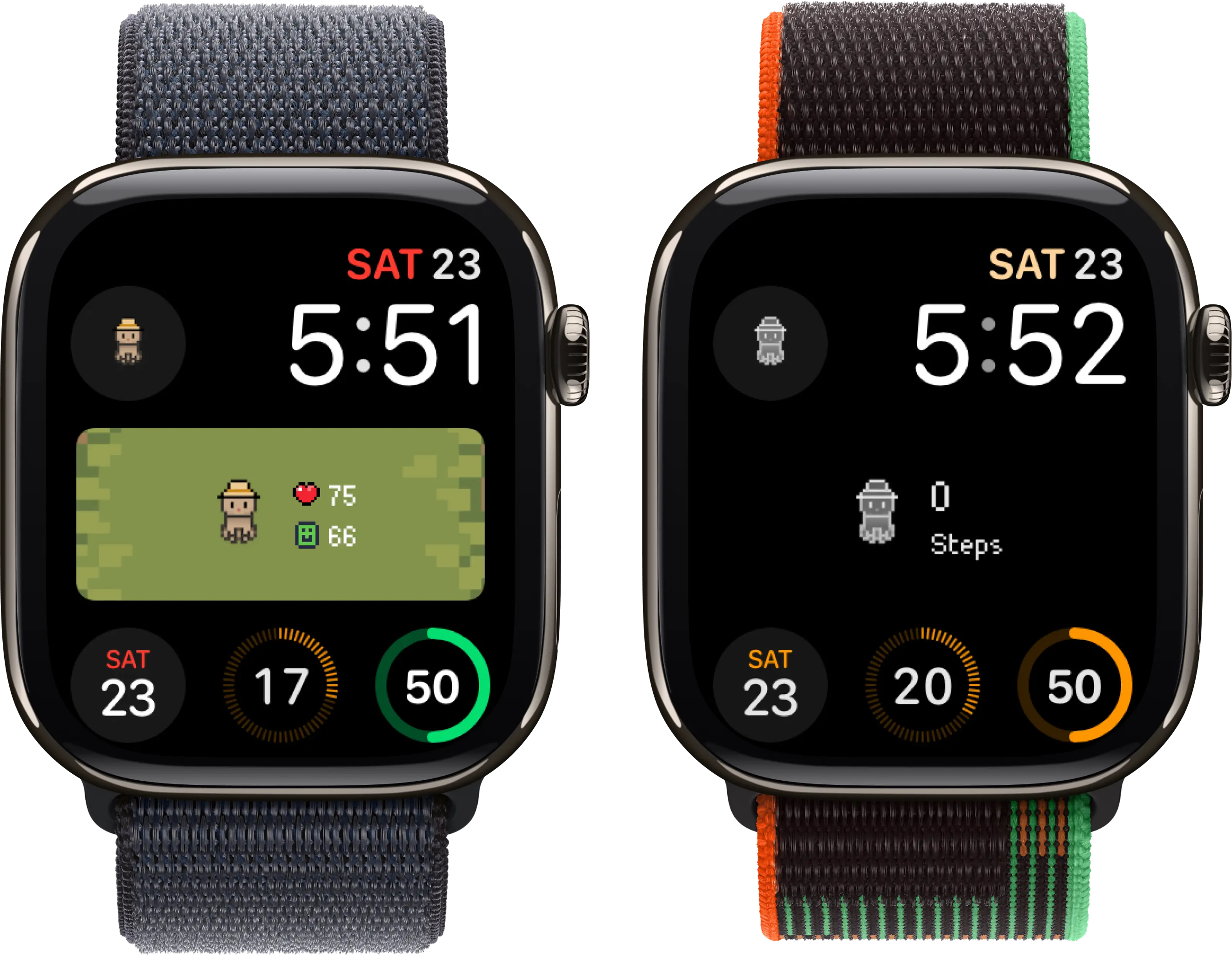 Apple Watch complications showing Belly pet, activity rings, and other widgets on watch face